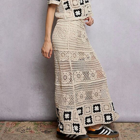 POL Dresses & Skirts - Boho Crochet Maxi Skirt Cream Black Granny Square Patchwork Long Knit Skirt OS